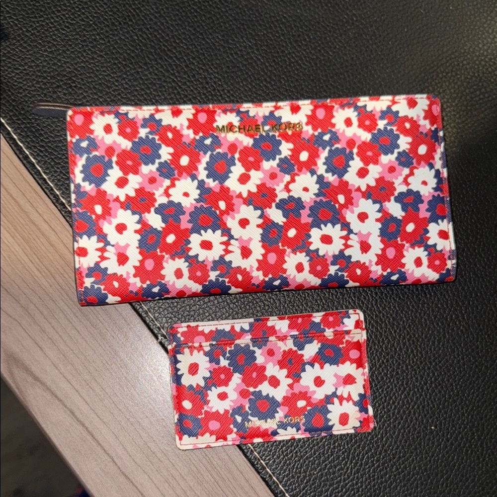 Michael Kors Red and White Floral Wallet and Card Holder Set